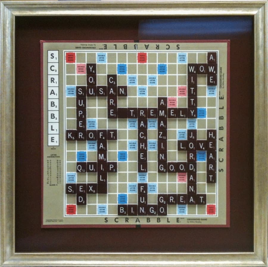 Custom shadow box displaying a Scrabble board